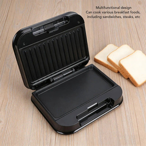 Wisoqu 750W Electric Panini Press Grill With Nonstick Plates open design, black finish, ready for cooking sandwiches and steaks.