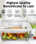 Mega Sized Glass Food Storage Container With Airtight Locking Lid 6500 Ml 28 Cup Capacity filled with roasted chicken and vegetables