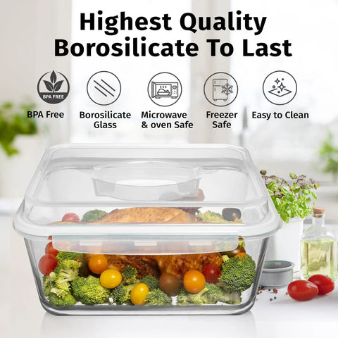 Mega Sized Glass Food Storage Container With Airtight Locking Lid 6500 Ml 28 Cup Capacity filled with roasted chicken and vegetables