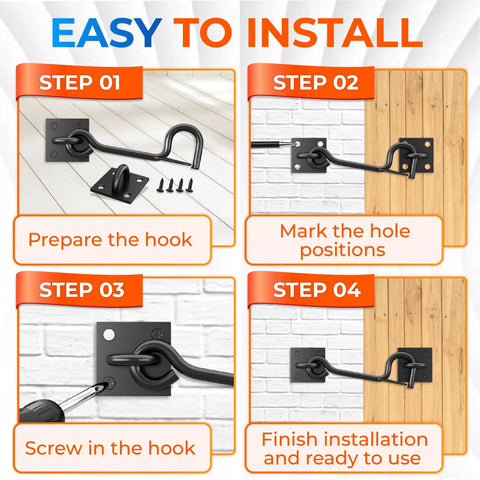 Step-by-step installation guide for the Heavy Duty Self Locking Cabin Hook And Eye Latch For Privacy Barn Doors.