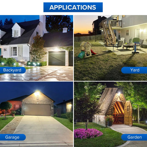 Outdoor Motion Sensor LED Flood Lights 2 Head Security Floodlight 3400 Lumen 30W Equivalent To 250W Incandescent Daylight 5000K Waterproof Yard Driveway Backyard Auto On Off lighting applications in backyard, yard, garage, and garden.