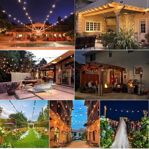 Outdoor scenes with 25 Pack 2W S14 LED Bulbs Replacement for Outdoor String Lights, 2700K Soft Warm White adding ambiance.