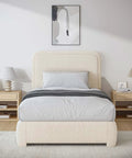 Snug Twin Bed Frame With Ultra Soft Cloud Boucle Fabric And Cream Upholstered Headboard Featuring Smooth Rounded Corners For A Lowkey Luxe Bedroom Setup That Definitely Checks Out in a cozy room setting.