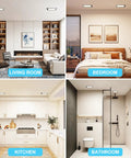 HITOO 8 Inch Square Recessed Ceiling Light, 3CCT, Dimmable, Black, 2 Pack showcased in living room, bedroom, kitchen, and bathroom.