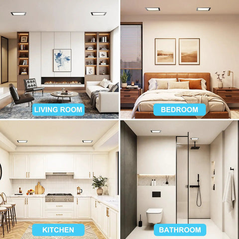 HITOO 8 Inch Square Recessed Ceiling Light, 3CCT, Dimmable, Black, 2 Pack showcased in living room, bedroom, kitchen, and bathroom.