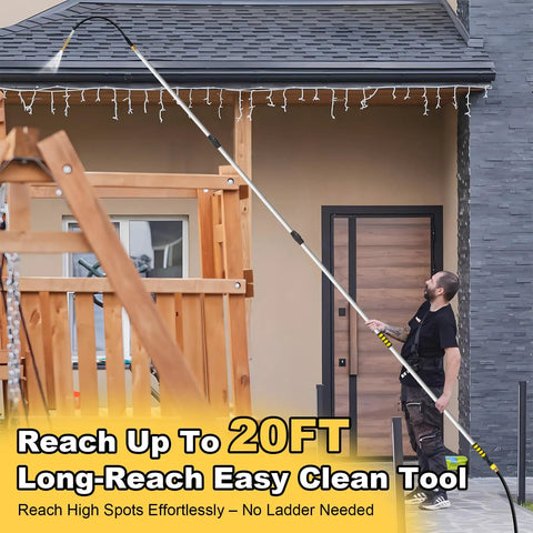 Man using 20ft Reach Telescopic Gutter Cleaning Tool With Garden Hose Attachment And Bendable Sprayer Wand No Ladder Needed