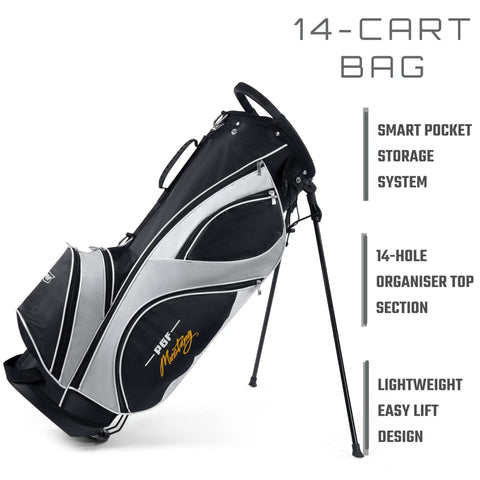 Mustang MK7 14 Piece Complete Golf Club Package Set For Righties cart bag with smart pocket storage, 14-hole organizer, easy lift design.
