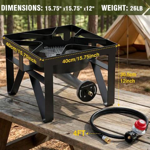 200000 BTU Heavy Duty Propane Burner Boss Level Heat Outdoor Stove with adjustable regulator and hose on wooden table