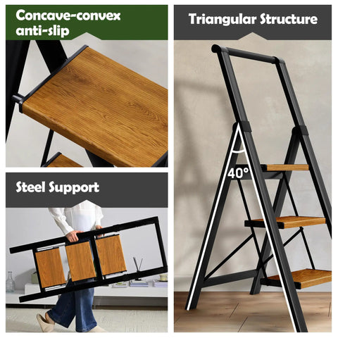Three Step Foldable Aluminum Ladder With Black Woodgrain Finish, Lightweight Space Saving Step Stool For Home Kitchen And Garage Opens To 44.8 In High 18.9 In Wide 25.9 In Deep Top Step At 26.7 In 9 In Between Steps, triangular frame