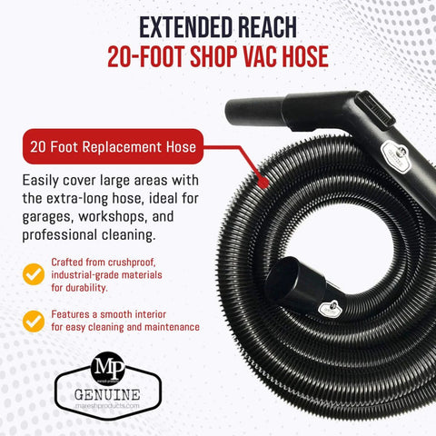 Heavy Duty 20 Foot Vacuum Hose Replacement For Shop Vac Style Wet Dry Vacuums with crushproof dust collection visible.
