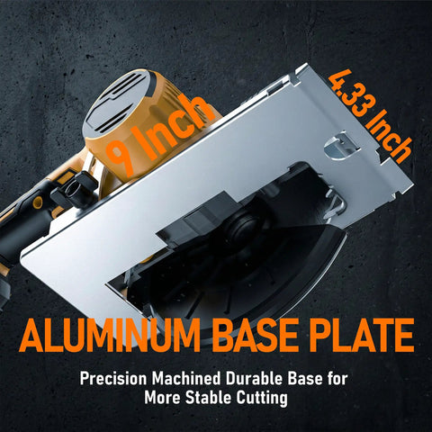 6 Inch Brushless Cordless Circular Saw Compatible With DeWalt 20V Max Battery For Smooth Wood Cuts And DIY Projects Includes Two Blades And Guide Ruler But No Battery Or Charger Inside This Killer Tool You Will Get Perfect Performance All Day Long showing close-up of the aluminum base plate for stable cutting.