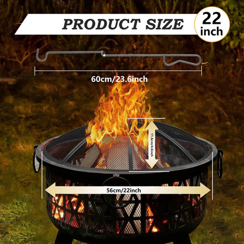 Heavy Duty 22 Inch Fire Pit Spark Screen with handle and poker on outdoor fire pit showing dimensions for RV camping use