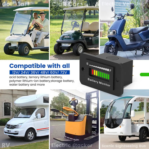 Universal Led Golf Cart Battery Level Indicator Meter Monitor For 12V To 72V Lithium And Lead Acid with various electric vehicles.