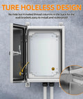 Built Tough 304 Stainless Steel Electrical Enclosure Box IP65 Weatherproof Sealed Housing With Quarter Turn Latch Door and Removable Mounting Plate For Real World Indoor Outdoor Projects 14X10X6 Inch, showing interior design and riveted thread columns.