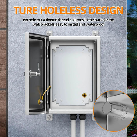 Built Tough 304 Stainless Steel Electrical Enclosure Box IP65 Weatherproof Sealed Housing With Quarter Turn Latch Door and Removable Mounting Plate For Real World Indoor Outdoor Projects 14X10X6 Inch, showing interior design and riveted thread columns.