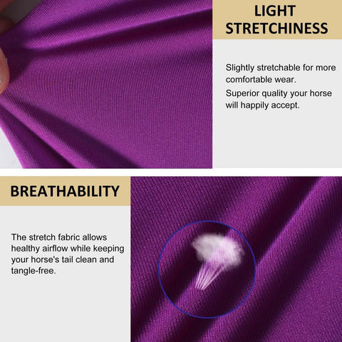 Breathable Horse Tail Guard Slip On Design With 2 Strand Straps 22 Inch Length Purple Patterned Tail Bag showing fabric stretch and breathability.