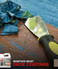 Heavy Duty Deck Stain And Coating Remover Kicks Out Stubborn Paint Polyurethane And Varnish In One Go, scraping blue coating off wood surface.