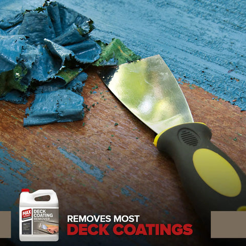 Heavy Duty Deck Stain And Coating Remover Kicks Out Stubborn Paint Polyurethane And Varnish In One Go, scraping blue coating off wood surface.