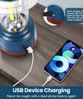 Beast Bright 3000 Lumen LED Camping Lantern With 5 Modes charging a phone via USB on a wooden table