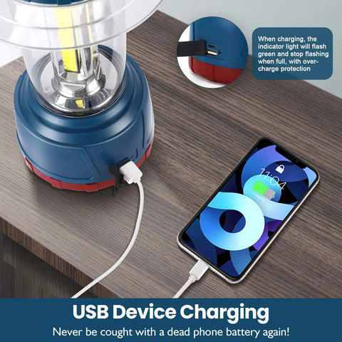 Beast Bright 3000 Lumen LED Camping Lantern With 5 Modes charging a phone via USB on a wooden table
