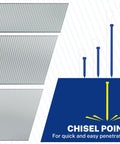 Top Shelf 18 Gauge Brad Nails 1200 Count Zinc Plated Steel Pins showing chisel point for easy penetration.