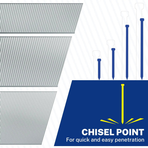 Top Shelf 18 Gauge Brad Nails 1200 Count Zinc Plated Steel Pins showing chisel point for easy penetration.