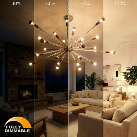 Modern living room with chandelier using Dope Half Chrome Dimmable LED Edison Bulb 6W Equivalent 60W G80 G25, showing dimmable light levels.