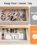 Clear Drawer Organizers Set Five Sizes Straight Up Tames Messy Vanities organizing cosmetics in a tidy drawer.