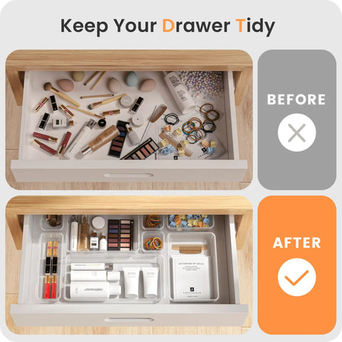 Clear Drawer Organizers Set Five Sizes Straight Up Tames Messy Vanities organizing cosmetics in a tidy drawer.