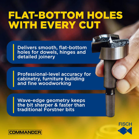 Badass 16 Piece Wave Cutter Forstner Bit Set With Slick Patented Geometry For Dead On Accuracy And Splinter Proof Woodworking Holes In Rugged Custom Wooden Storage Box, showcasing wave-edge design and flat-bottom cutting feature.