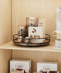 9 Inch Wooden Lazy Susan Turntable Organizer For Cabinets And Kitchen Countertops 360 Degree Rotation For Spice Jars And Cans Pantry Storage Bathroom Vanity And Table Decor on a shelf with jars and packages