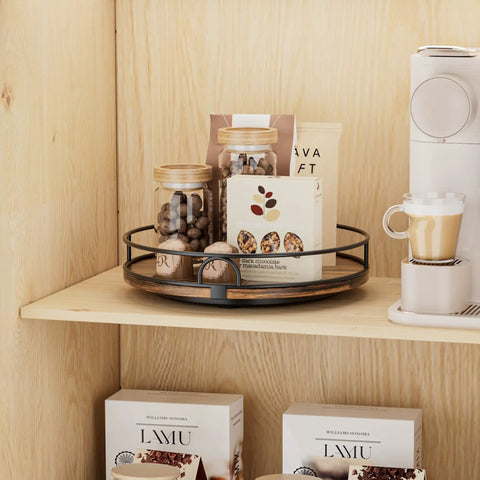 9 Inch Wooden Lazy Susan Turntable Organizer For Cabinets And Kitchen Countertops 360 Degree Rotation For Spice Jars And Cans Pantry Storage Bathroom Vanity And Table Decor on a shelf with jars and packages