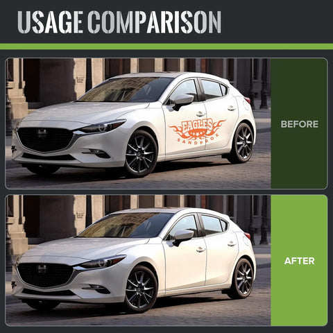 Usage comparison of a car with and without decals removed using Decal Remover Wheel Kit For Drill 3.5 Inch Eraser Wheel With Adapter