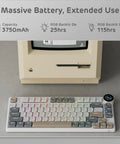 Dope Low Profile Mechanical Keyboard With Smart Display Screen And Rotary Knob Control Wireless Keypad Featuring Custom RGB Backlighting Mac And PC Compatible Tight Compact Design For Epic Desk Builds beside a vintage computer.
