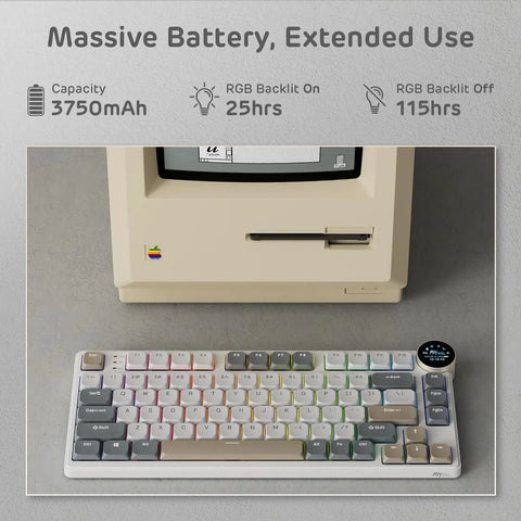 Dope Low Profile Mechanical Keyboard With Smart Display Screen And Rotary Knob Control Wireless Keypad Featuring Custom RGB Backlighting Mac And PC Compatible Tight Compact Design For Epic Desk Builds beside a vintage computer.