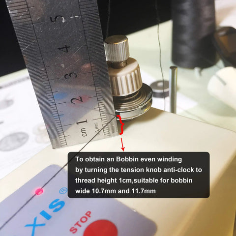 Portable Automatic Bobbin Winder for Sewing Machines With Thread Spool Pin And Guide Rods No Fuss Easy To Use Compatible With Juki Janome Brother Singer Quilting Embroidery Max Outside Diameter 1.1 Inches Hole 1/4 Inch Width 0.46 Inch 110V, close-up with ruler