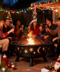Wood Burning Fire Pit With Mesh Cover And Fire Poker 32 Inch Round Metal Outdoor Firepit With Star And Moon Cutouts in festive setting
