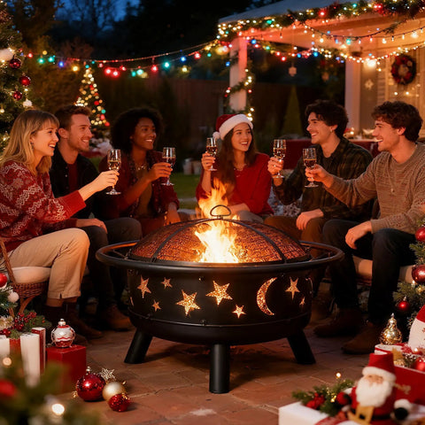 Wood Burning Fire Pit With Mesh Cover And Fire Poker 32 Inch Round Metal Outdoor Firepit With Star And Moon Cutouts in festive setting