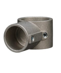 Heavy Duty Brushed Aluminum End Cross Brace Fitting Locks Down 1-1/2 Inch Legs And Nails 1-1/4 Inch Cross Braces close-up view.