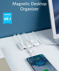 Magnetic Cable Holder With 5 Clips For Lightning, USB C, Micro USB And Other Wires On Desk Next To Laptop And Phone