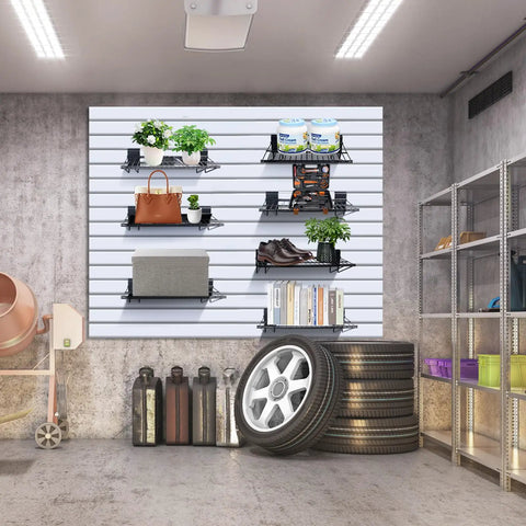 Installed Heavy Duty Slatwall Shelves 16 Inch Wide Wire Shelf Organizer For Garage Workshop Kitchen And Office Slatwall Accessories Durable Powder Coated Finish 2 Pack with items displayed on shelves.