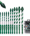 Masonry drill bit set, 12 pcs, green/white coated, four-flute carbide bits, 1/8-9/16 in, with storage case