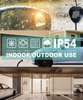 Portable Level One EV Charger With Twenty Five Foot Cord And 110 Volt Nema Socket For Hassle Free Home Charging Station Compatible With Sae J1772 Electric Cars Ready To Roll shown in outdoor and indoor settings highlighting IP54 rating.