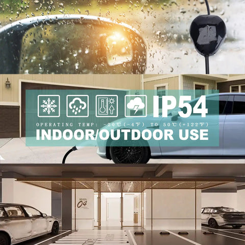 Portable Level One EV Charger With Twenty Five Foot Cord And 110 Volt Nema Socket For Hassle Free Home Charging Station Compatible With Sae J1772 Electric Cars Ready To Roll shown in outdoor and indoor settings highlighting IP54 rating.