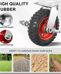 Heavy Duty Eight Inch Caster Set Of Four With Solid Rubber Tires And Dual Ball Bearings Two Swivel And Two Locking Wheels on various surfaces.