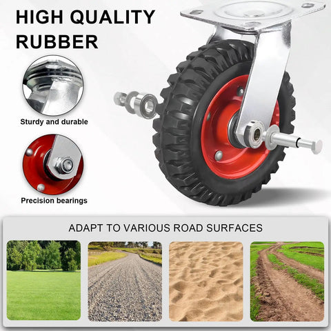 Heavy Duty Eight Inch Caster Set Of Four With Solid Rubber Tires And Dual Ball Bearings Two Swivel And Two Locking Wheels on various surfaces.
