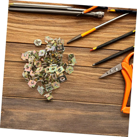 50 Pack Hella Tough U Shape Nut Fasteners For Automotive Body Clips Heavy Duty Metal used for auto trim mounting on wood background.
