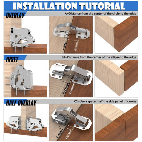 Installation guide showing 24 Pack Hidden Hinges Soft Close Surface Mount Concealed Cabinet Hinges For Frameless Kitchen Cabinets No Pre Drill Holes Easy Install For Cabinet Doors Durable Steel Construction Great For Modern Cupboards in overlay, inset, and half overlay positions.