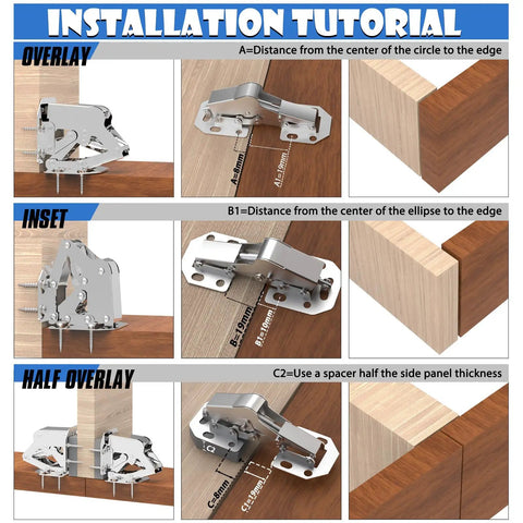 Installation tutorial for Upgraded Soft Close Surface Mount Hinges For Frameless Kitchen Cabinets, 90 Degree Concealed Door Hardware.
