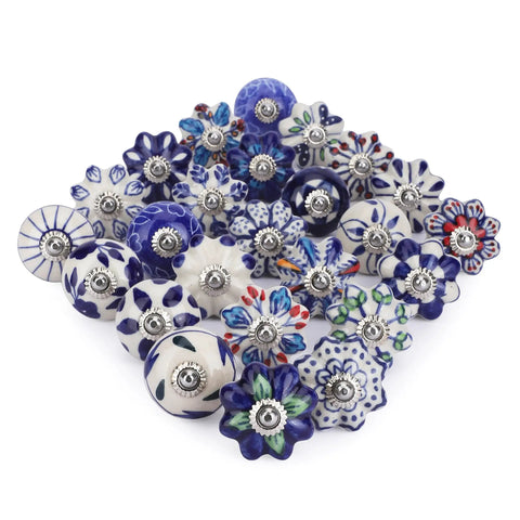 Colorful Blue Ceramic Cabinet Knobs Set Of 25 For Kitchen Cabinets, Bathrooms, Dressers, Cupboards And Drawers, Handmade